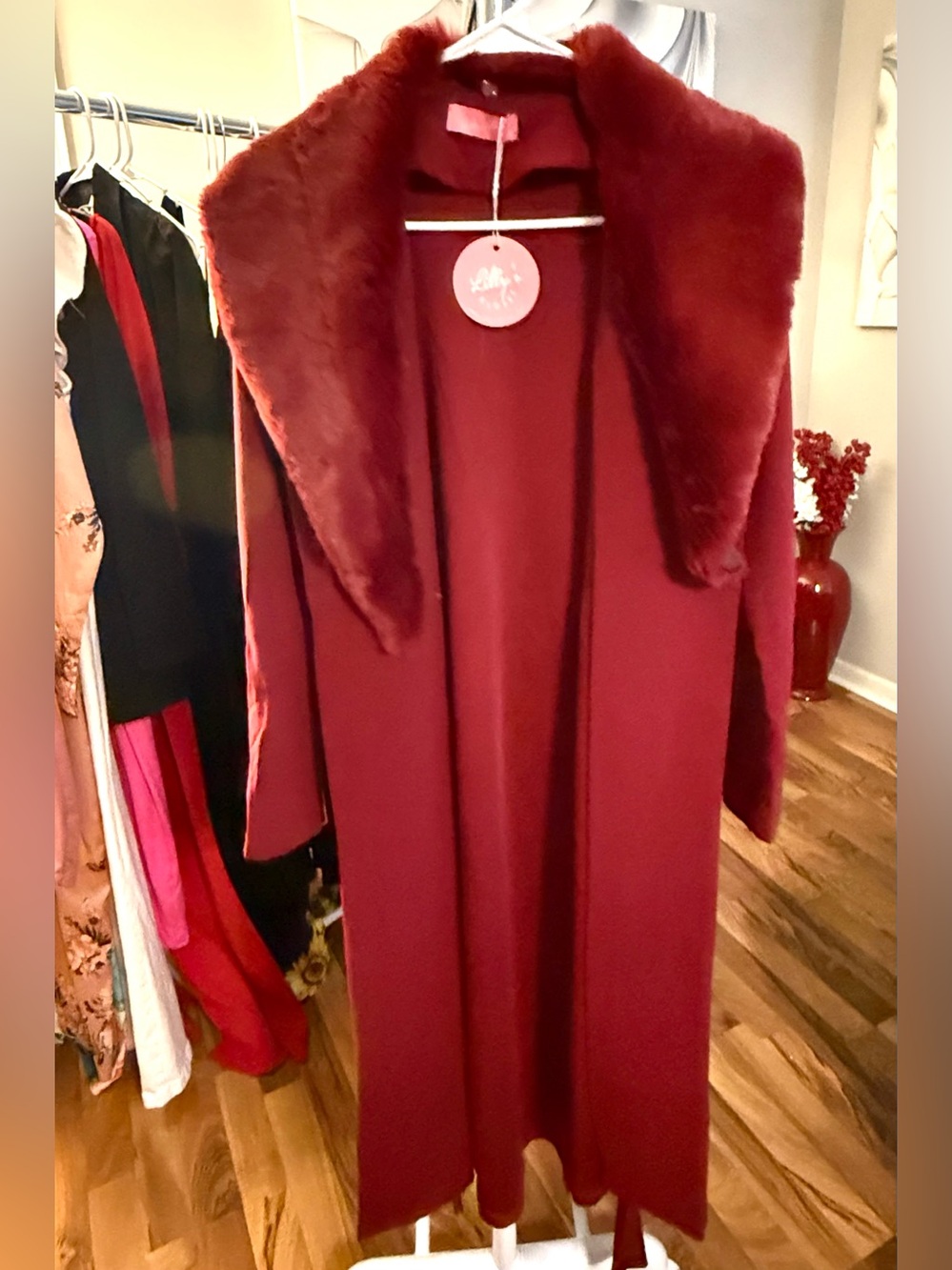 Women's Burgundy Faux-Fur Collar Long Jacket